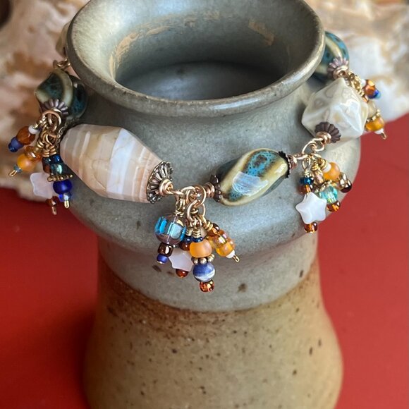 Boho Dangle Bracelet, Banded Agate Gemstone, Ceramic Beads, Wire Wrapped Dangles - Picture 8 of 15